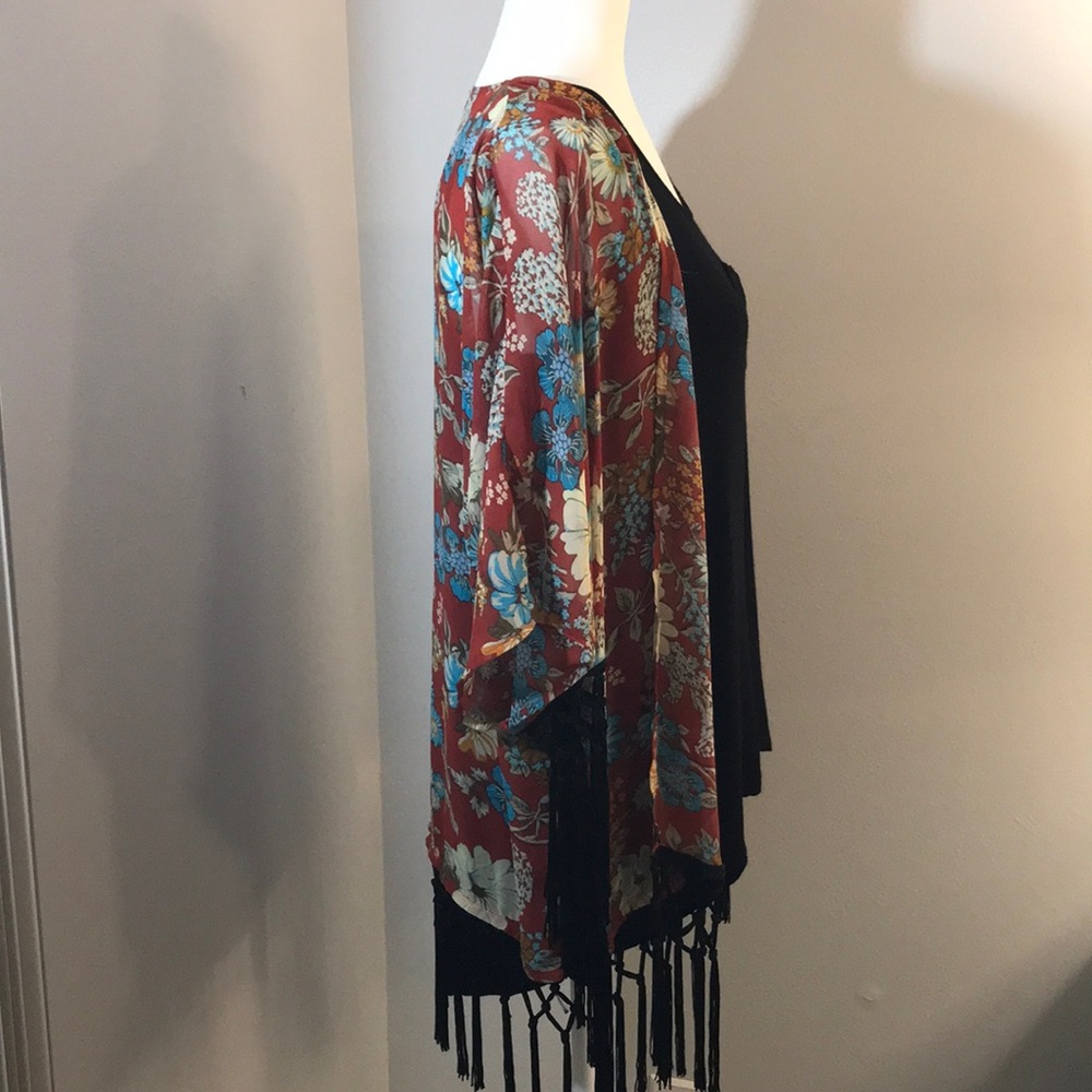 Floral Kimono with Black Fringe
